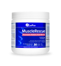 CanPrev MuscleRescue powder blend jar, white with blue Fruit Punch label