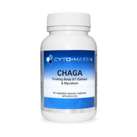 Cyto-Matrix Chaga supplement bottle, white with blue label and 60 veggie caps