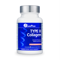 CanPrev Type II collagen supplement bottle with white cap, blue label