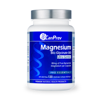 CanPrev magnesium bis-glycinate 80 supplement bottle, blue label, silver cap