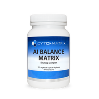 Supplement bottle with white cap, blue label reading AI Balance Matrix