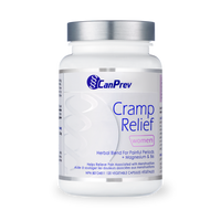 CanPrev cramp relief supplement bottle, white with blue label and purple “Women” text
