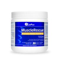 MuscleRescue amino acid powder tub, white lid and blue label
