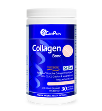 Collagen bone supplement powder bottle, white cap, blue label, 213 g