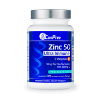 CanPrev Zinc 50 Ultra Immune + Vitamin C veggie supplement bottle, white cap and label