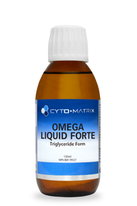 Cyto-Matrix Omega Liquid Forte supplement bottle with white cap, amber liquid, 150 ml.