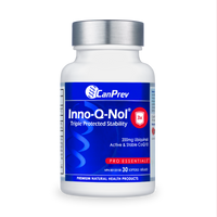 CanPrev Inno-Q-Nol softgel supplement bottle, silver cap, white and blue label