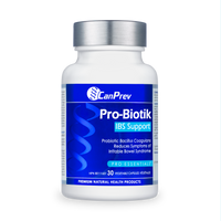 CanPrev Pro-Biotik IBS Support supplement bottle with white and blue label, silver cap