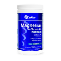 CanPrev magnesium bis-glycinate powder bottle with blue label and white cap