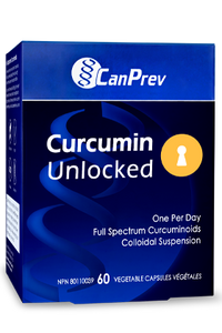 CanPrev Curcumin Unlocked supplement box, blue with logo and capsule count 60