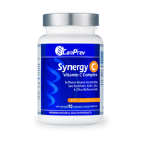 CanPrev Synergy C veggie capsules bottle, white plastic with blue label and silver cap