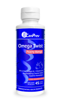CanPrev Omega Twist peach mango supplement bottle, white and blue label, 225 ml