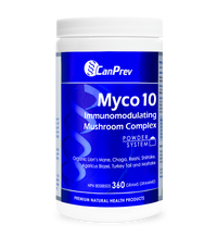 CanPrev Myco10 immunomodulating mushroom complex powder in white plastic jar, blue label