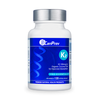 CanPrev K2 vitamin bottle with blue front label and stainless cap