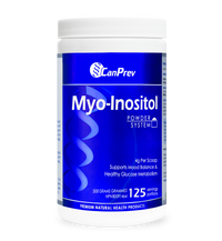 CanPrev Myo-Inositol powder supplement tub, blue label on white jar