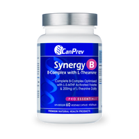 CanPrev Synergy B vegetable capsule supplement bottle, white bottle with blue label