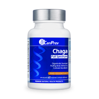 CanPrev Chaga Full Spectrum veggie supplement bottle with blue label, 60 caps