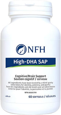 NFH High-DHA SAP supplement bottle with blue label and 60 softgels text