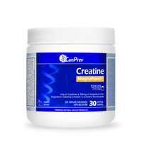 Creatine powder tub with white lid and blue label