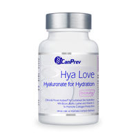Hya Love hyaluronate hydration supplement bottle with silver cap, white label