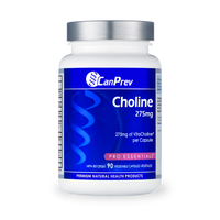 Choline 275 mg veggie cap supplement bottle with white cap and blue label