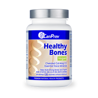 CanPrev Healthy Bones vegan supplement bottle with silver cap, full label view