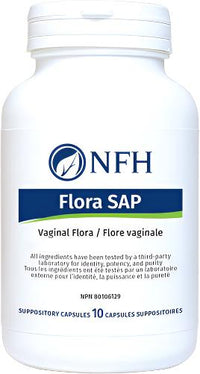 NFH Flora SAP suppository capsule bottle, white label and blue band