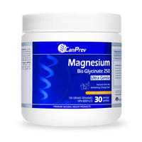 CanPrev Magnesium bis-glycinate drink mix tub, white with blue label, Orange Zest