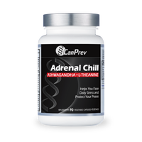 CanPrev Adrenal Chill supplement bottle with black label and Ashwagandha + L-theanine text