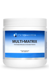 Multi-Matrix powder jar, white container with blue label and 219 g text