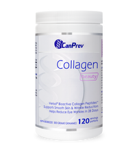 Collagen beauty powder tub with white lid and CanPrev Collagen label