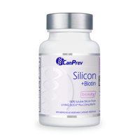 CanPrev Silicon + Biotin dietary supplement bottle, 60 veggie caps label