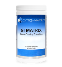 Probiotic supplement jar with blue GI Matrix label, Cyto-Matrix and white lid