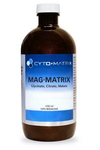 Mag-Matrix liquid supplement bottle, amber bottle with white cap and blue label