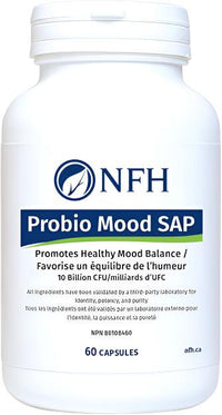White NFH ProBio Mood SAP supplement bottle with 60 capsules label