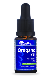 Oregano oil bottle with black dropper, blue label reading Oregano Oil