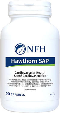 NFH Hawthorn SAP supplement bottle, white with label and 90 capsules