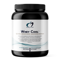 Whey Cool supplement tub with black lid and label, chocolate flavor