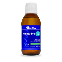Omega-Pro EPA oil supplement bottle, amber liquid with white cap, CanPrev label.