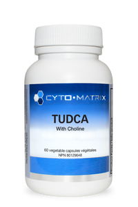TUDCA veggie capsule supplement bottle with Cyto-Matrix logo, blue label and white cap