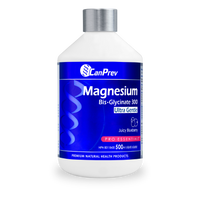 Blue and white magnesium supplement bottle with label, screw cap, Juicy Blueberry flavor