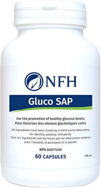 NFH Gluco SAP supplement bottle, white with blue label and 60 capsules text