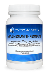 White supplement bottle with blue label, Magnesium Threonate 120 veggie caps