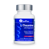 L-Theanine with Magnesium supplement bottle with blue label and silver cap