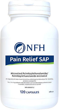 NFH Pain Relief SAP supplement bottle, 120 capsules, white label on blue stripe