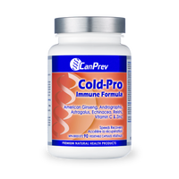 Nutritional supplement bottle with metallic cap and colorful Cold-Pro label