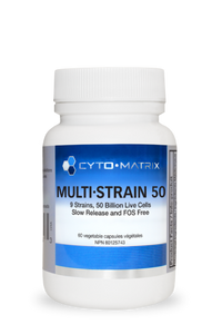 Probiotic supplement bottle labeled Multi-Strain 50, 60 veggie caps, slow release