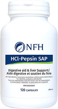 HCl-Pepsin SAP digestive supplement bottle with 120 capsules label