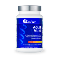 Adult multivitamin supplement bottle with blue label, white cap, 60 veggie capsules