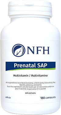 NFH Prenatal SAP multivitamin supplement bottle, 180 capsules, white label